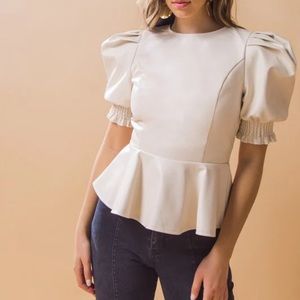 Faux leather ivory puff sleeve peplum style top